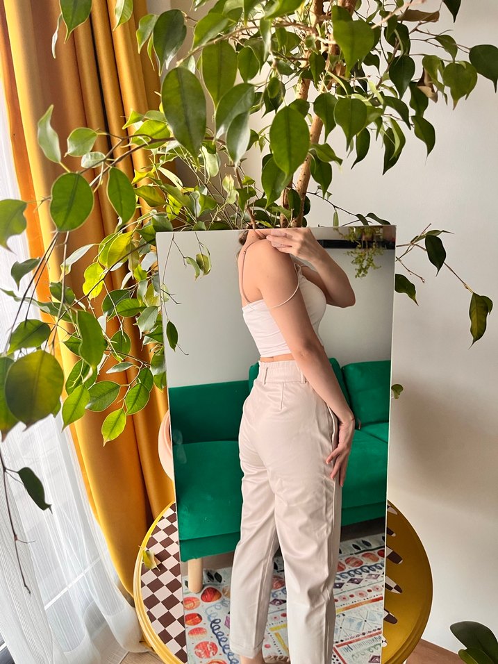 Bej Midi Deri Rahat Kesim Kadın Pantolon - Görsel 3