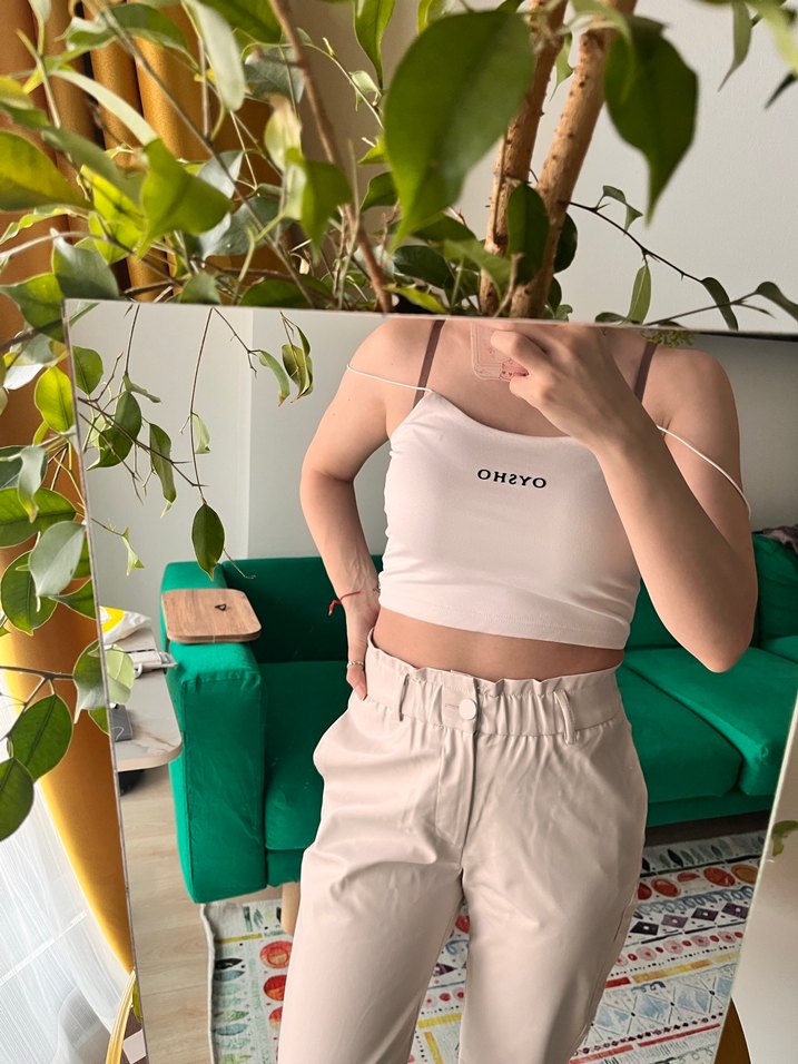 Bej Midi Deri Rahat Kesim Kadın Pantolon - Görsel 2