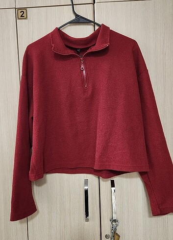m Beden Bordo fermuarlı oversize bluz