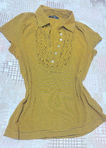 m Beden American vintage Sarı Çizgili V Yaka Düğmeli Bluz
