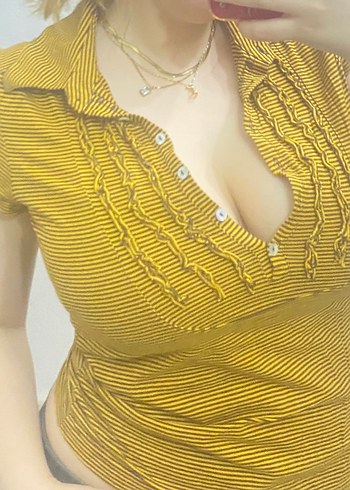 American vintage Sarı Çizgili V Yaka Düğmeli Bluz