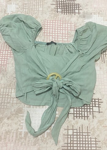 Yeşil Keten Mini Bluz Tokalı - Görsel 3