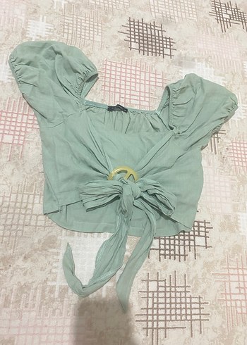 Yeşil Keten Mini Bluz Tokalı - Görsel 5