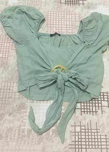 Yeşil Keten Mini Bluz Tokalı - Görsel 2