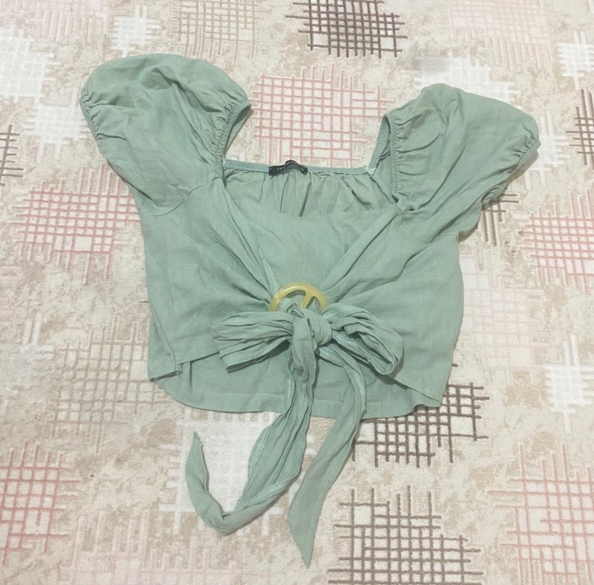 Yeşil Keten Mini Bluz Tokalı - Görsel 3