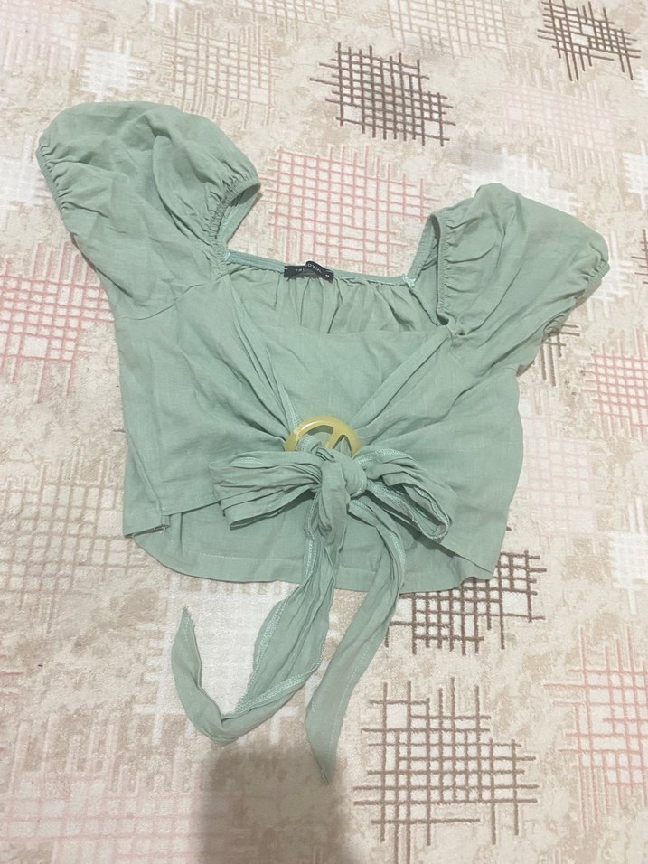 Yeşil Keten Mini Bluz Tokalı - Görsel 5