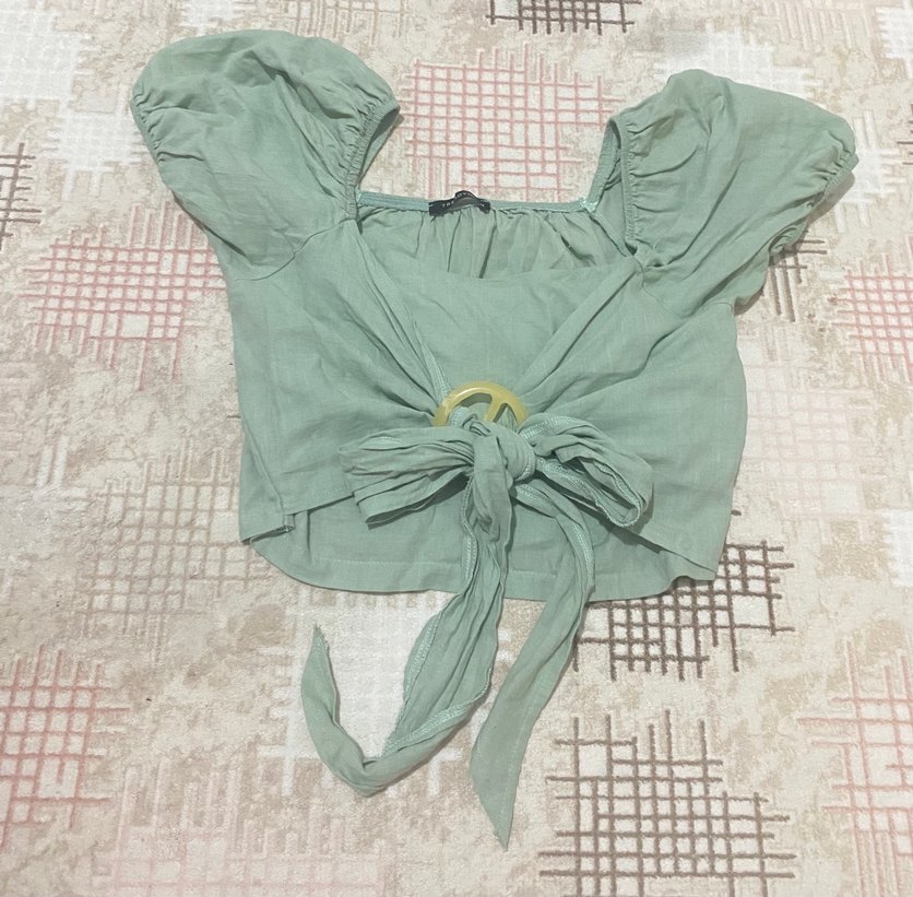 Yeşil Keten Mini Bluz Tokalı - Görsel 2