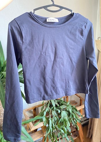 Kadın gri Uzun Kollu Crop Top - Görsel 2