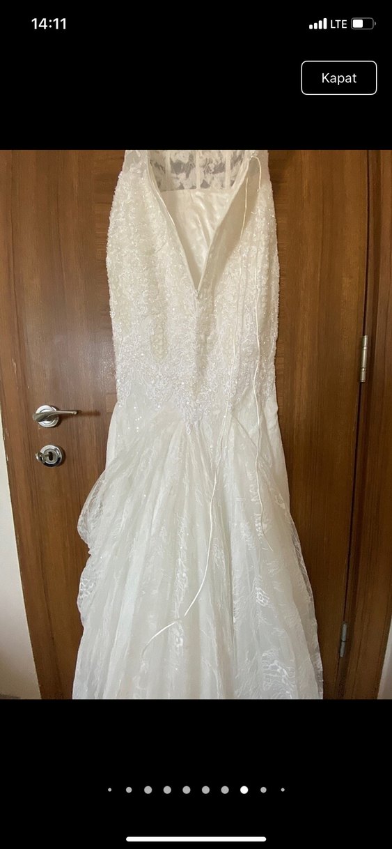 V Yaka İnce Askılı Beyaz Denizkızı Gelinlik - Görsel 5