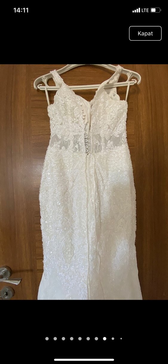 V Yaka İnce Askılı Beyaz Denizkızı Gelinlik - Görsel 4