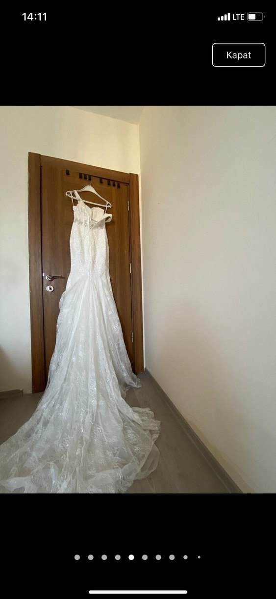 V Yaka İnce Askılı Beyaz Denizkızı Gelinlik - Görsel 2