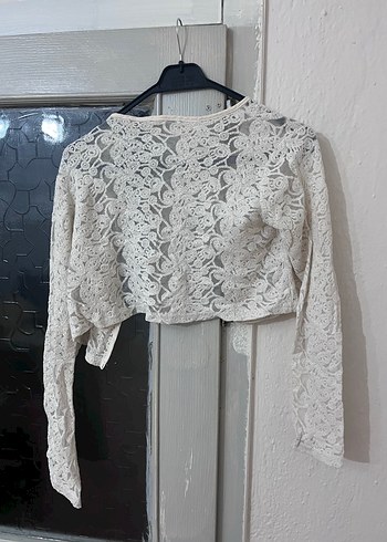 Dantel İşlemeli Uzun Kollu Beyaz Bolero - Görsel 2