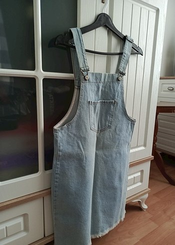 xs Beden Kadın Mavi Denim Midi Askılı Salopet