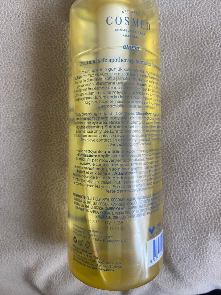 COSMED Atopia Temizleyici Yüz Yağı 400 ml - Görsel 3