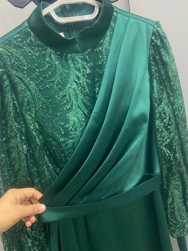 Yeşil Uzun Kollu Drapeli Abiye Elbise - Görsel 3