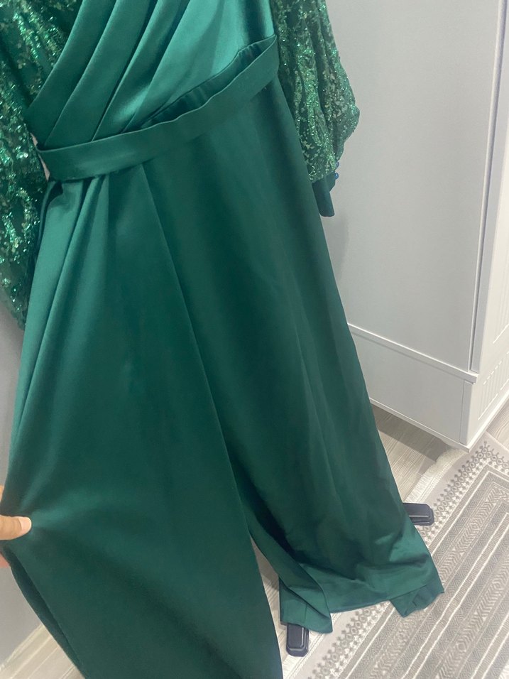 Yeşil Uzun Kollu Drapeli Abiye Elbise - Görsel 4