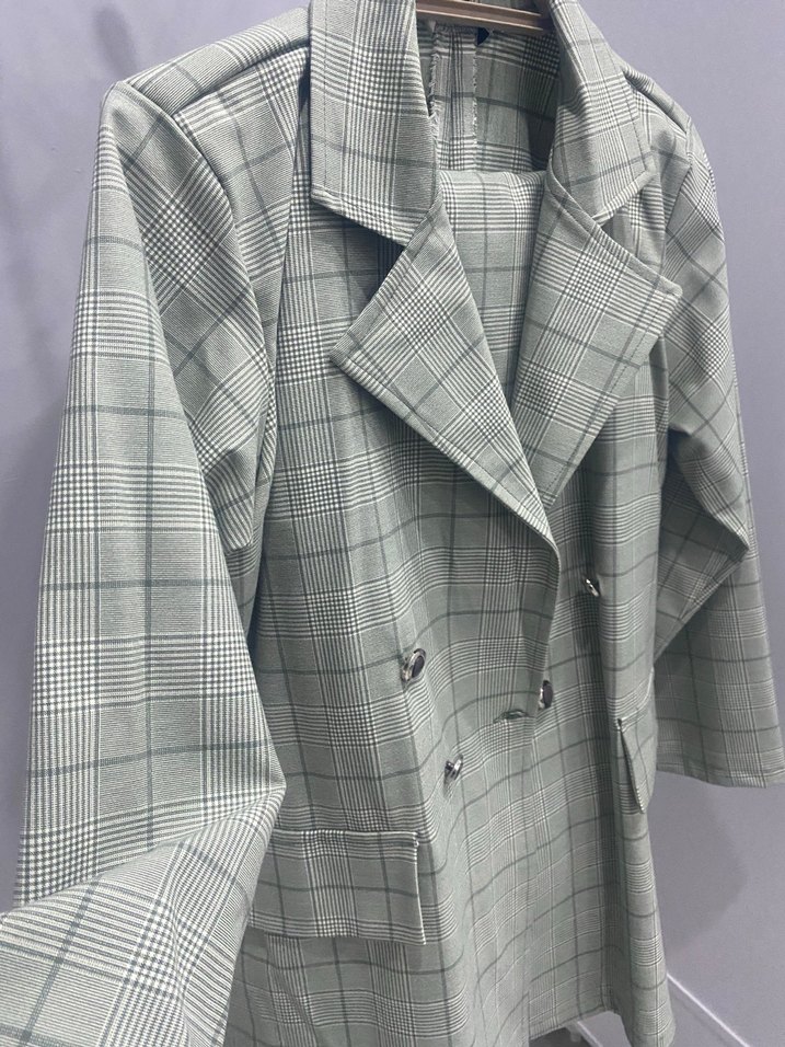 Gri Ekose Kadın Blazer Ceket ve pantolon takımı - Görsel 3