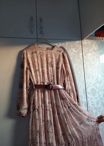 m Beden Bej Desenli Uzun Vintage Elbise