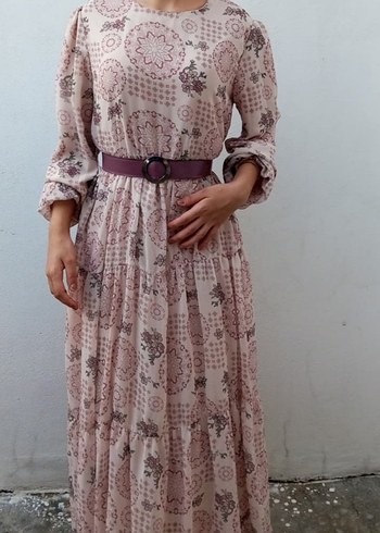 Abiye Bej Desenli Uzun Vintage Elbise