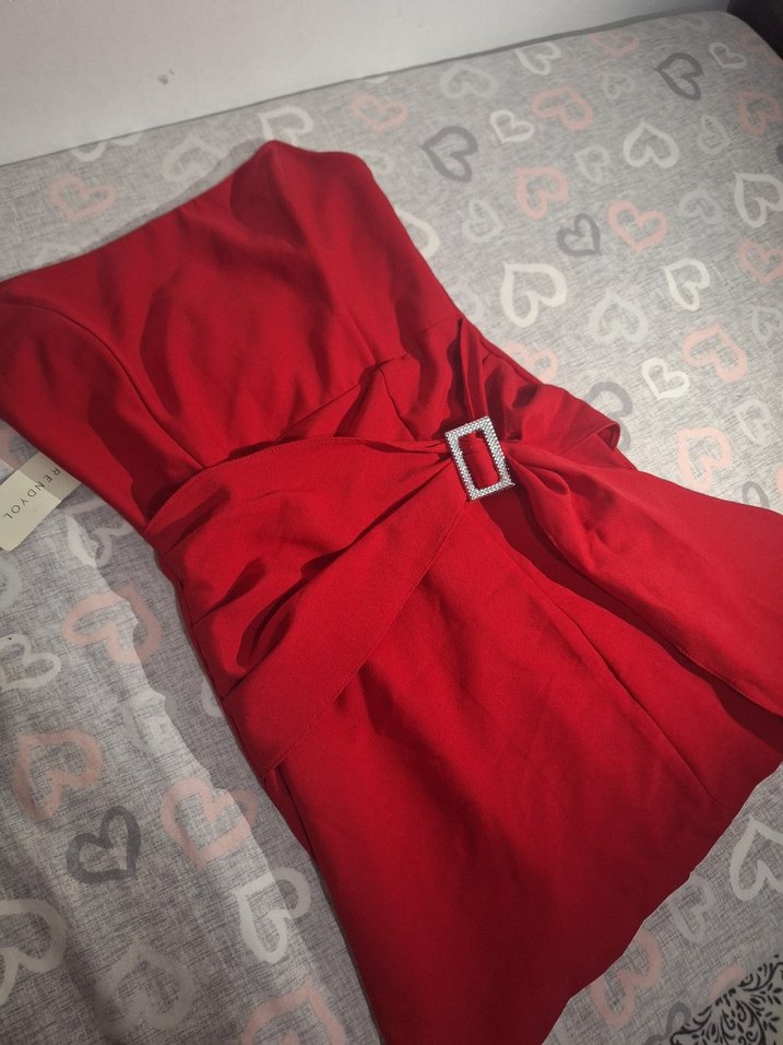 Kırmızı Drapeli Straplez Mini Elbise - Görsel 3