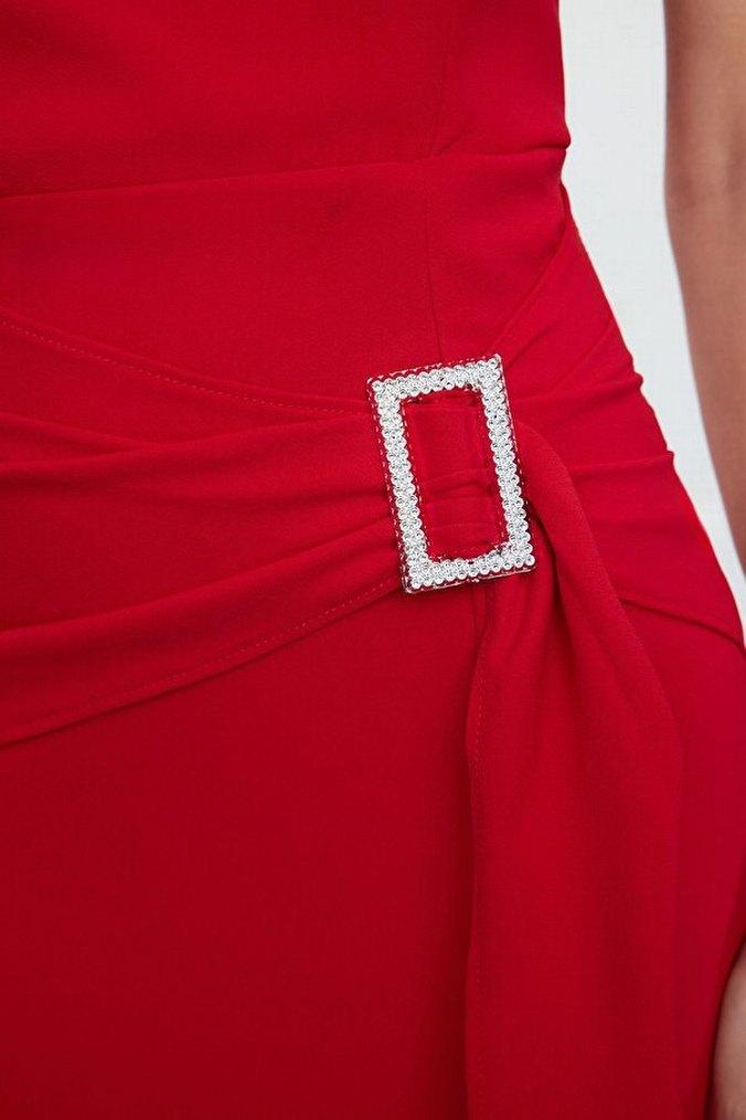 Kırmızı Drapeli Straplez Mini Elbise - Görsel 2