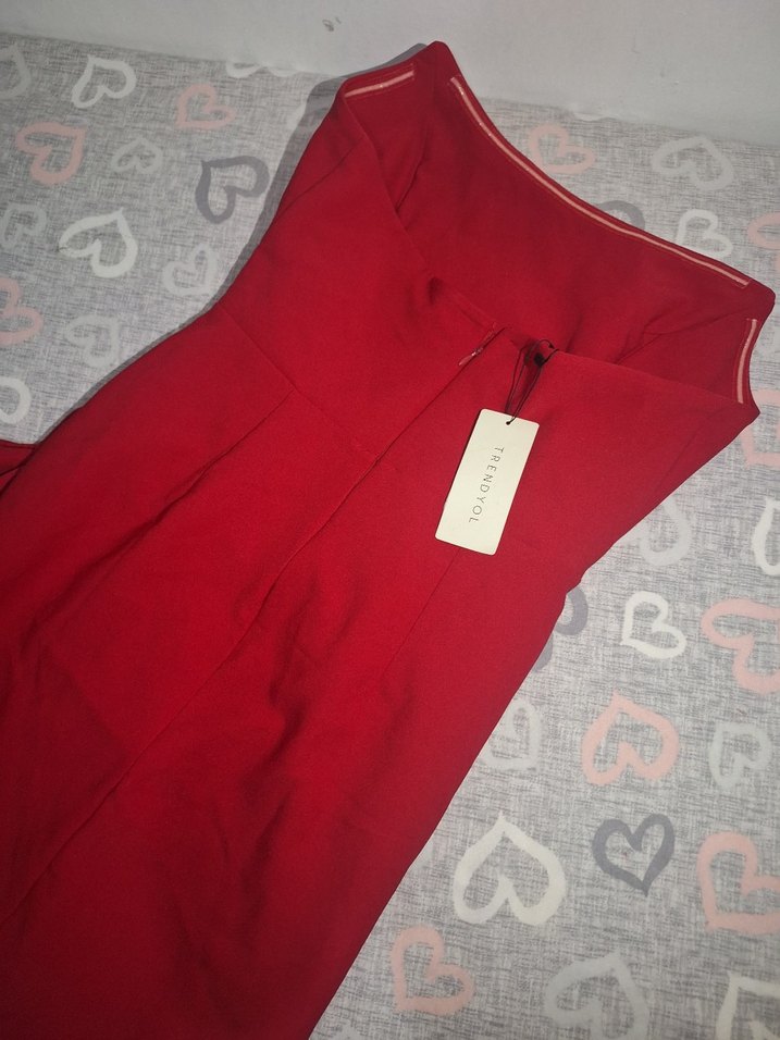 Kırmızı Drapeli Straplez Mini Elbise - Görsel 4