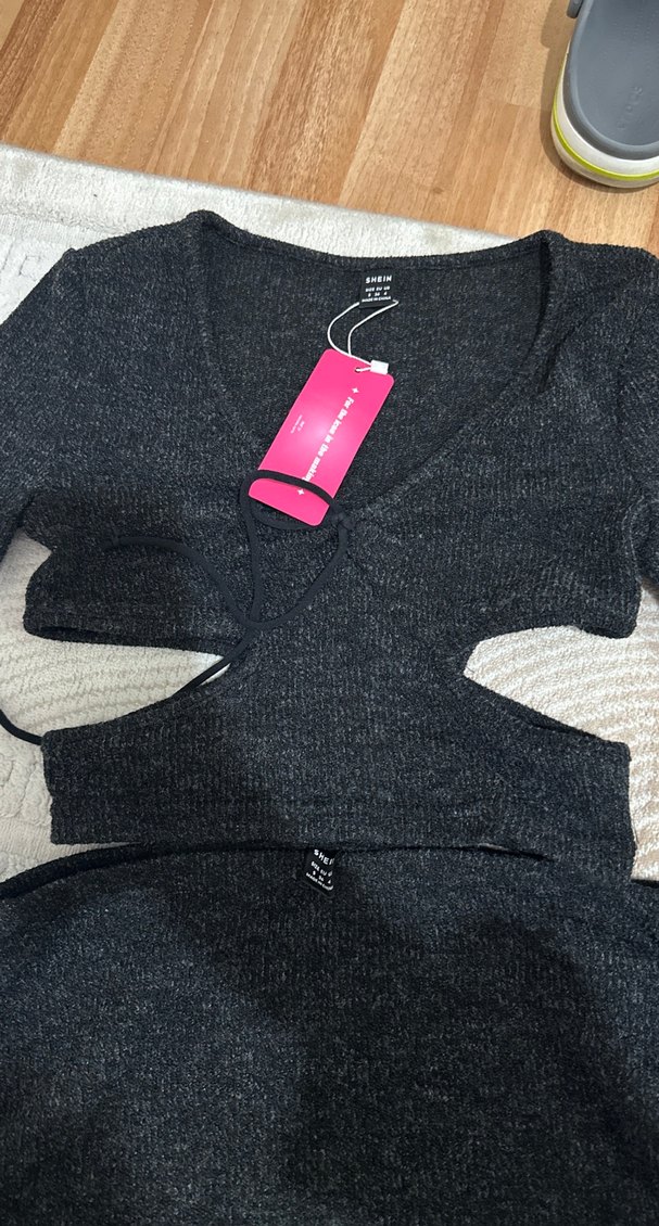 Gri Triko V Yaka Midi Elbise - Görsel 2