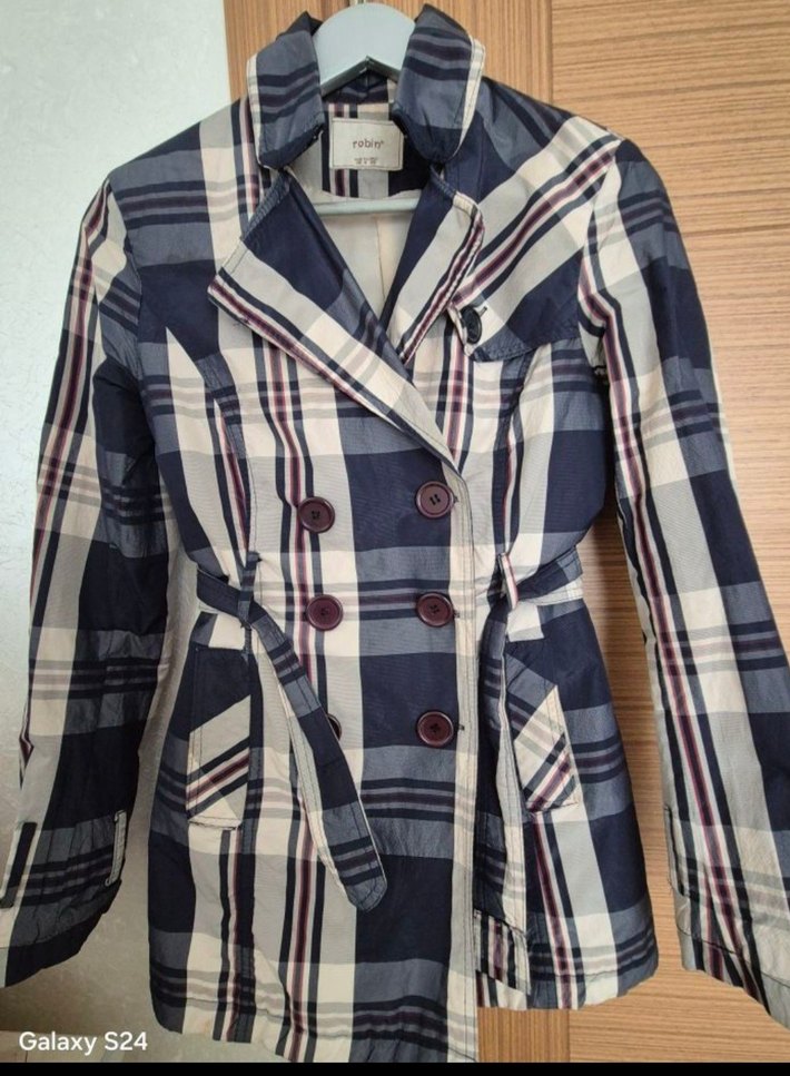 Düğmeli Ekose Desenli Kadın trenç kot - Görsel 2