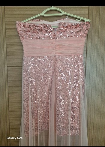 Pudra Dantelli Straplez Uzun Abiye Elbise - Görsel 4