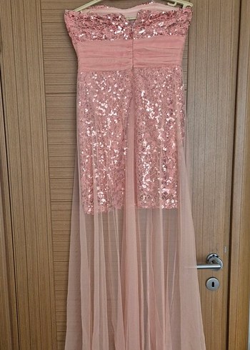 Pudra Dantelli Straplez Uzun Abiye Elbise - Görsel 2