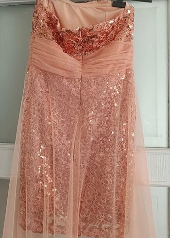 Pudra Dantelli Straplez Uzun Abiye Elbise - Görsel 6