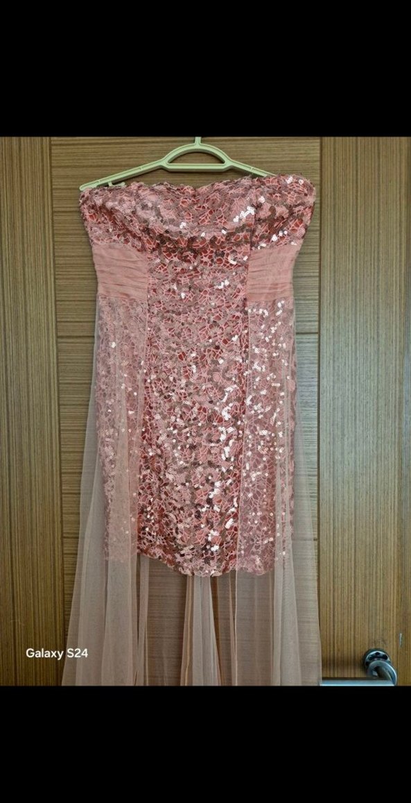 Pudra Dantelli Straplez Uzun Abiye Elbise - Görsel 3