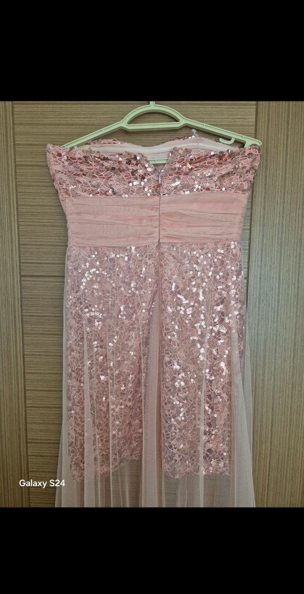 Pudra Dantelli Straplez Uzun Abiye Elbise - Görsel 4