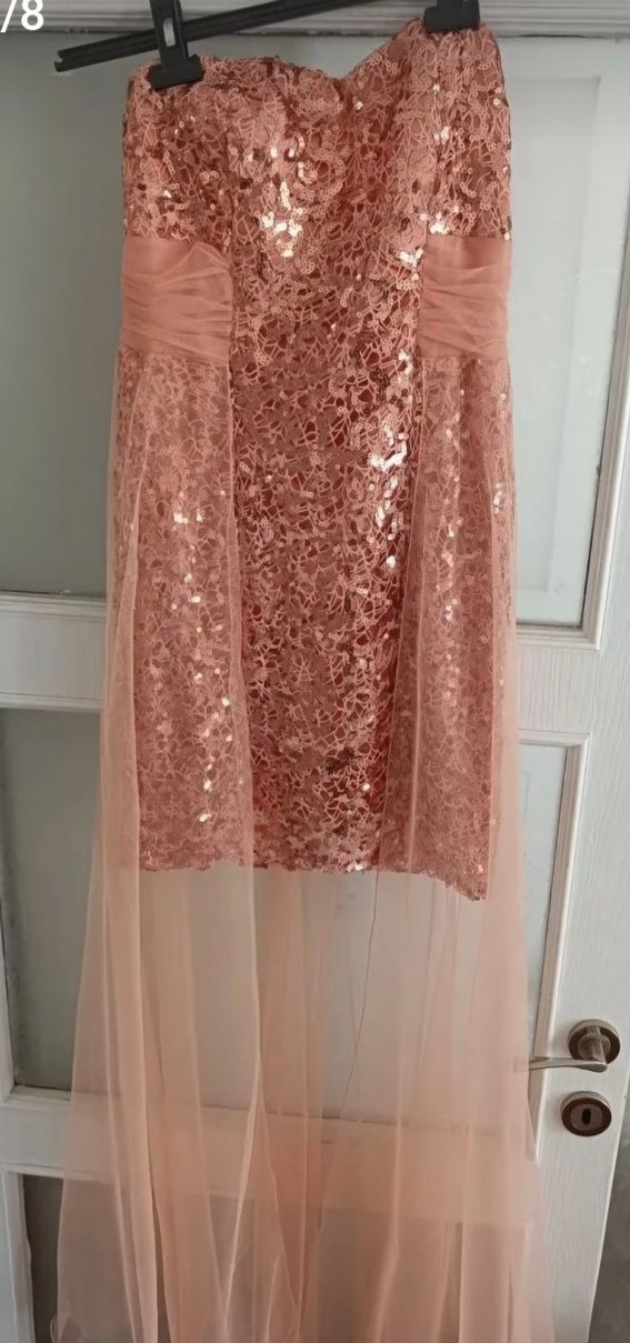 Pudra Dantelli Straplez Uzun Abiye Elbise - Görsel 5