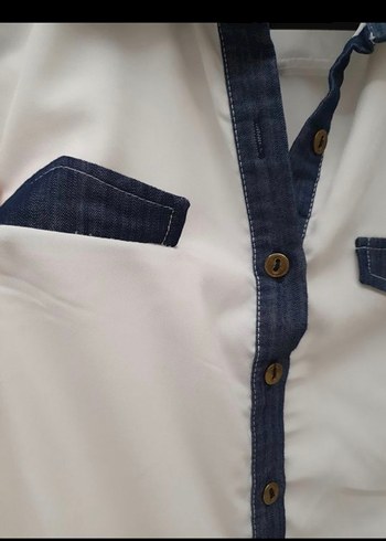 Düğmeli Kot Detaylı Beyaz Kolsuz Gömlek - Görsel 2