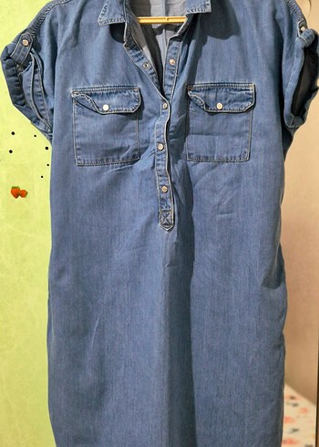 Mavi Kot Kemerli Mini Elbise - Görsel 2