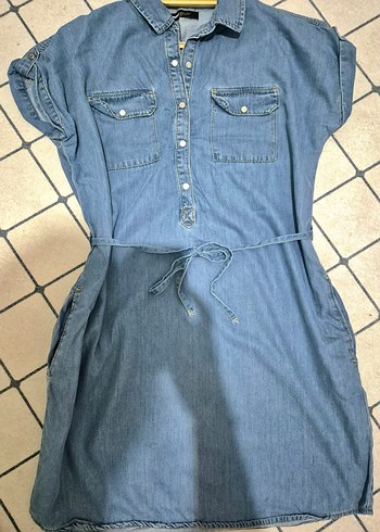 Mavi Kot Kemerli Mini Elbise - Görsel 3