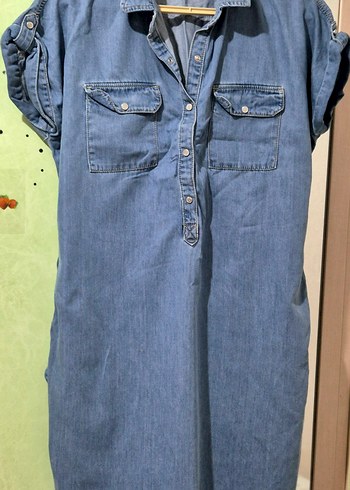 Mavi Kot Kemerli Mini Elbise - Görsel 4