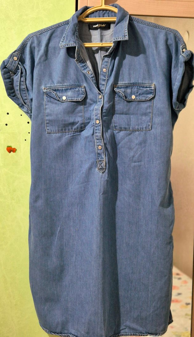 Mavi Kot Kemerli Mini Elbise - Görsel 2