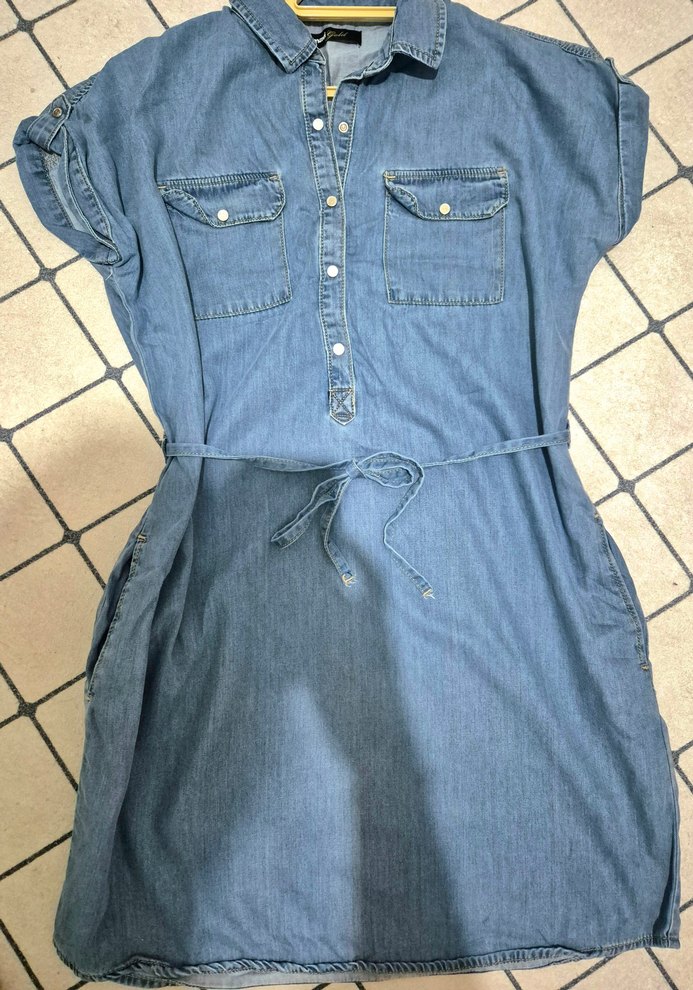 Mavi Kot Kemerli Mini Elbise - Görsel 3