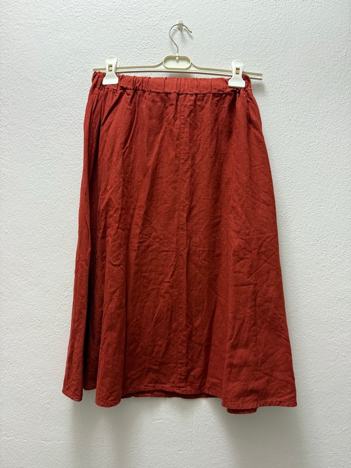 Bordo Düğmeli Midi Keten Etek - Görsel 2