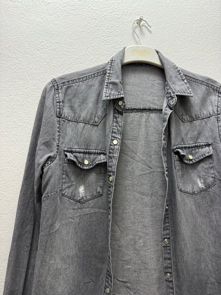 Gri Batik Desenli Kadın Denim Ceket - Görsel 2