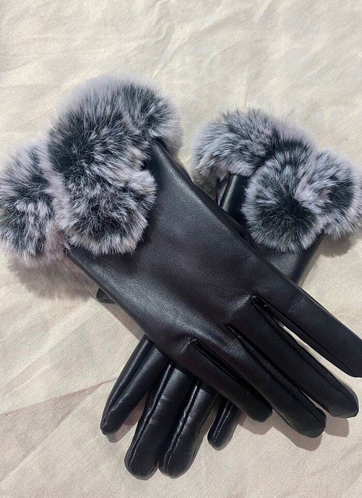 Gri Kürklü Deri Kadın Eldiveni - Görsel 2