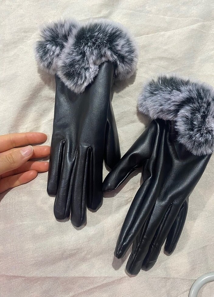 Gri Kürklü Deri Kadın Eldiveni - Görsel 4