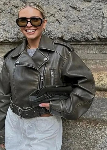 Gri Deri Biker Ceket - Görsel 2