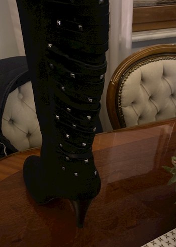 Siyah Süet Yüksek Topuklu Diz Boyu Gotik Çizme - Görsel 3