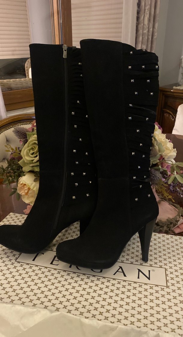 Siyah Süet Yüksek Topuklu Diz Boyu Gotik Çizme - Görsel 4