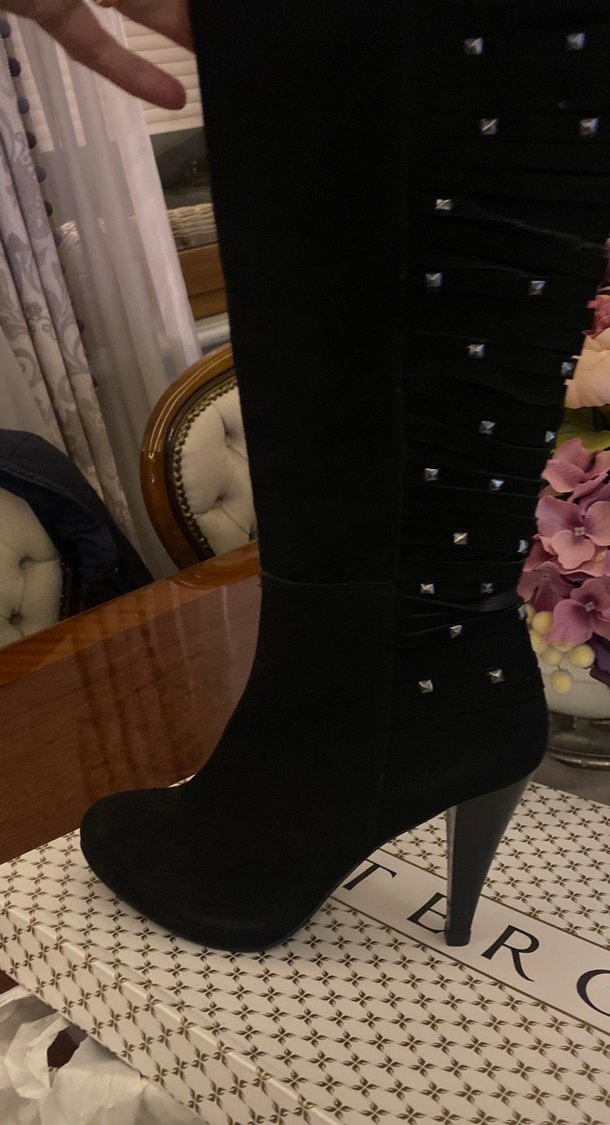 Siyah Süet Yüksek Topuklu Diz Boyu Gotik Çizme - Görsel 2