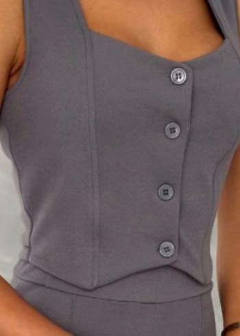 Gri Düğmeli V Yakalı Kadın Takım - Görsel 4