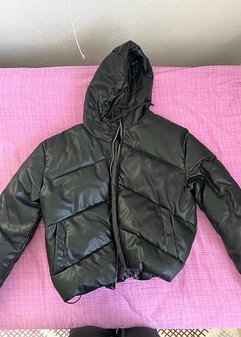 Siyah Deri Kapüşonlu Fermuarlı mont - Görsel 5